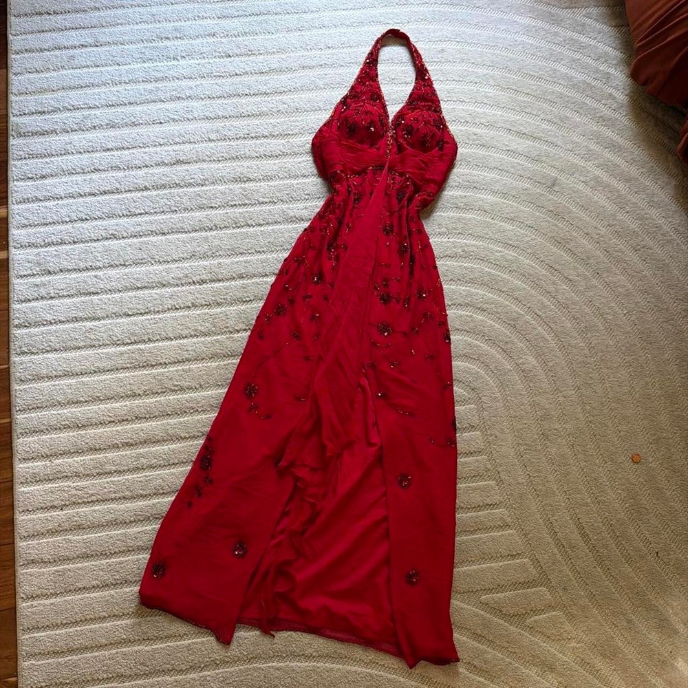 VTG y2k Sean Collection Red halter maxi dress size L Pure Silk Glamorous Fairy